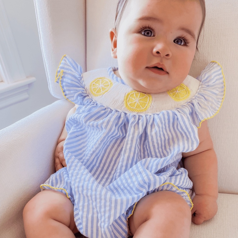Lillie and Lilah Blue Seersucker Smocked Lemon Bubble